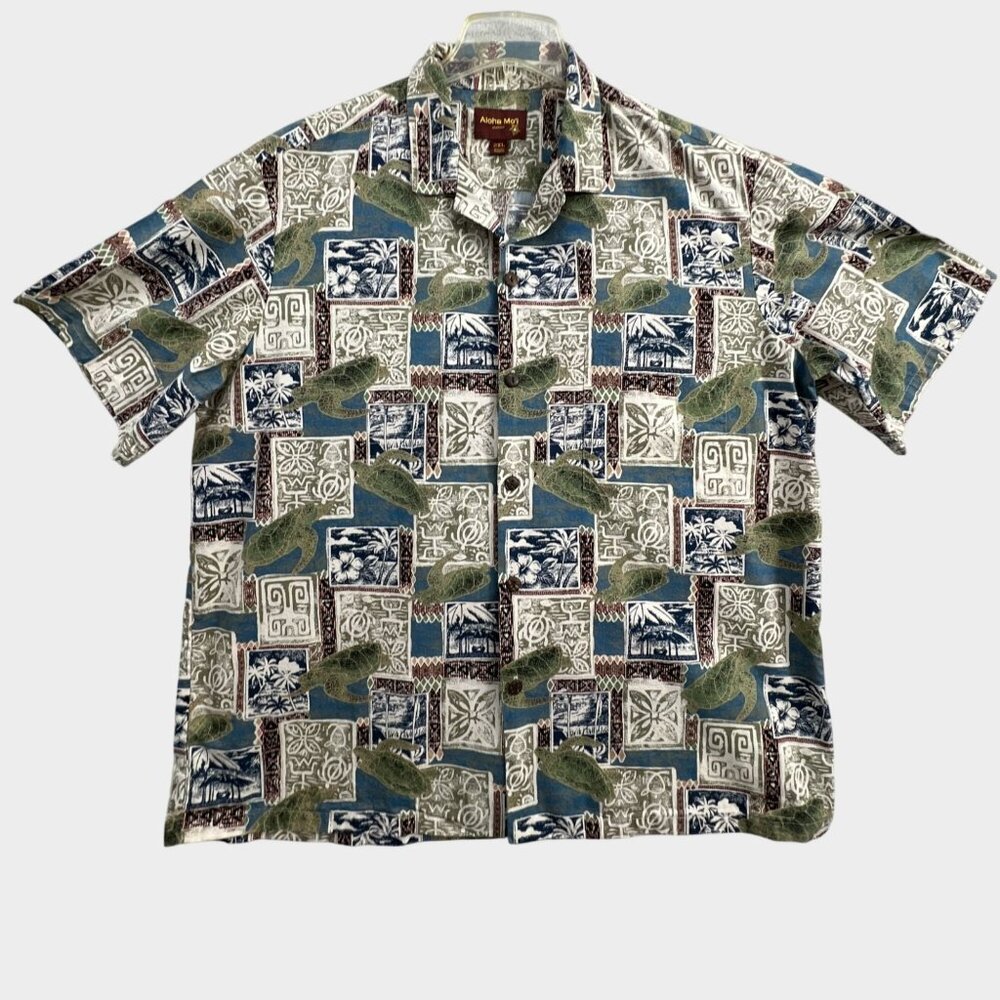 Aloha Mo'i Hawaiian Shirt Mens 2XL Blue Green Sea Turtles Floral Camp Beach USA
